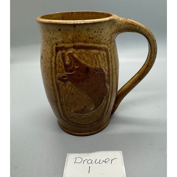 Signed Art Pottery Mug Fish Salmon Speckled Cream Natural Coffee Cup Fishing - Picture 2 of 8